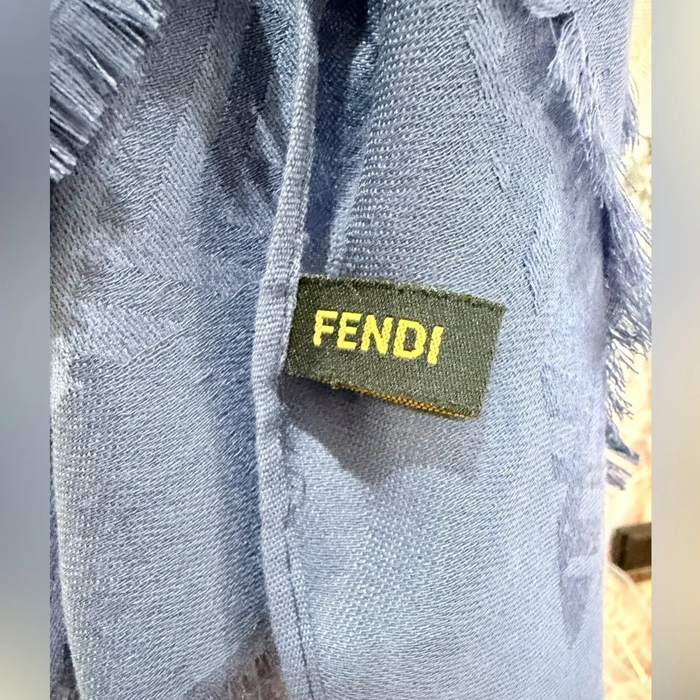 Fendi FF Logo Blue Silk & Cashmere Vintage Scarf